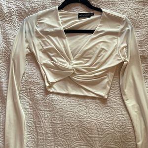 White pretty little thing long sleeve, tied crop top